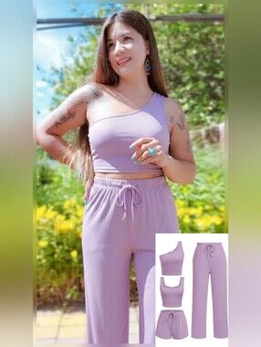 4pcs Casual Lounge Set - Tops, Shorts And Pants LILAC